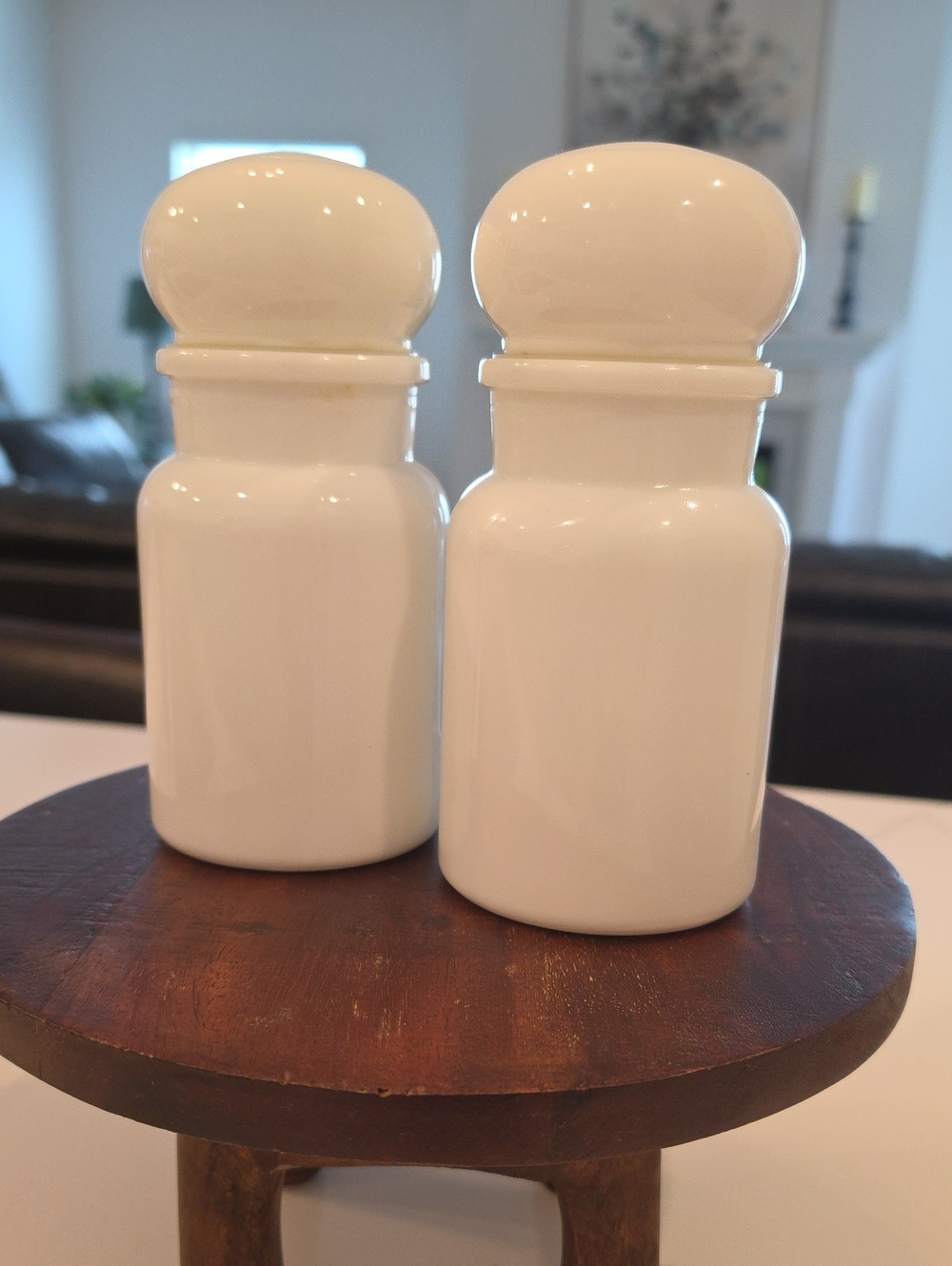 Vintage Belgian Milk Glass Apothecary Jars Bubble Lids Set of 2